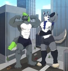 absurd_res anthro armpit_hair armpit_tuft big_bulge biped black_claws black_nipples blue_hair body_hair bulge canid canine canis chest_hair chest_tuft claws clothed clothing detailed_bulge drezy duo galgloris1 green_eyes green_hair hair hi_res leg_markings looking_at_another macro male male_anthro mammal markings muscular muscular_anthro muscular_male nipples pink_nipples ritzywolf socks_(marking) tuft underwear underwear_only wolf yellow_claws yellow_eyes