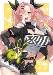 1girl bangboo_(zenless_zone_zero) black_jacket black_ribbon black_shorts blush breasts cleavage clothing_cutout commentary_request cropped_jacket earrings female female_only green_eyes hair_ornament hair_ribbon hairclip heart heart_earrings heart_necklace highres jacket jewelry kameno_sachi large_breasts long_hair long_nails micro_shorts midriff mole mole_on_breast mole_under_eye navel necklace nicole_demara one_eye_closed open_mouth pink_hair pink_nails ribbon shorts shoulder_cutout smile solo star_(symbol) strapless tube_top two_side_up very_long_hair white_tube_top yellow_background zenless_zone_zero