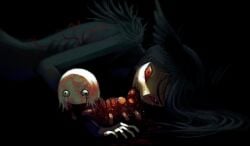 2026 animal_humanoid black_background black_ears black_hair blood bodily_fluids dark_theme digital_media_(artwork) digital_painting_(artwork) duo feathered_ears feral filth_(jejejunum) firealpaca_(artwork) gore hair hi_res horror_(theme) humanoid jejejunum light lighting looking_at_viewer male nethermare painting_(artwork) pest_(jejejunum) proto-nethermare red_sclera shaded simple_background tears vein worm
