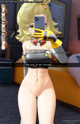 1girls 3d 3d_(artwork) belly blonde_hair bottomless cowboy_shot darkbahamuth female female_focus female_only green_eyes highres light-skinned_female light_skin midriff navel petite petite_female pinup piper_wheel selfie smaller_female standing tummy zenless_zone_zero