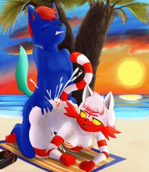 anthro beach bikini blue_body blue_fur bodily_fluids bullelewds clothing cum cum_inside duo female footwear fur generation_7_pokemon genital_fluids hand_on_butt lewis_(sanscash) litten male male/female nintendo nude_male pokemon pokemon_(species) sandals sea shaded shiny_pokemon shoes sun swimwear towel two-piece_swimsuit water white_body white_fur
