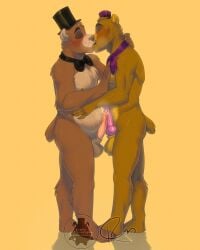 2boys bara bear bowtie clothed commission cute daddy dilf embracing five_nights_at_freddy's five_nights_at_freddy's_4 fnaf fnaf_4 fredbear fredbear_(fnaf) freddy_(fnaf) freddy_fazbear frotting furry gay hunk kiss kissing male male/male naked older penis riley_morningstar stud top_hat ursine wholesome yaoi