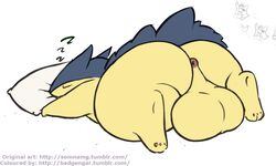 2017 anus ass backsack badgengar balls big_balls big_butt closed_eyes feral huge_balls male male_only monochrome nintendo pillow pokemon pokemon_(species) rear_view simple_background sleeping slightly_chubby snoring solo somnamg text thick_thighs typhlosion video_games white_background