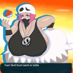 ass_bigger_than_head ass_grab breasts_bigger_than_head casual_nudity cleavage clothed dialogue dumptruck_ass female female_only grabbing_ass grabbing_own_ass hand_on_ass hyper_ass hyper_breasts lewdape no_bra pokemon pokemon_sm revealing_clothes sideboob team_skull team_skull_grunt team_skull_grunt_(female) teasing