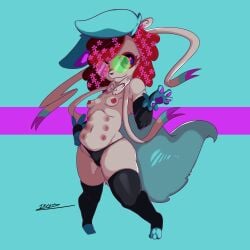 1:1 absurd_res anthro clothed clothing eeveelution eyewear female generation_6_pokemon glasses hair hi_res inudrawsthething legwear multi_breast multi_nipple nintendo panties pokemon pokemon_(species) red_hair saffron_(fireking) shiny_pokemon solo sylveon thigh_highs topless underwear