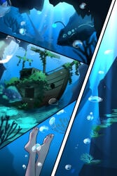 1girls air_bubbles comic feet marima666_(artist) underwater water