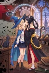 ai_generated high_school_dxd kuroka_(high_school_dxd) le_fay_pendragon 2girls female_only lesbian yuri lesbian_couple girlfriends lesbian_lovers girls_love kissing lesbian_kiss closed_eyes blush neko cat catgirl magic witch small_breasts large_breasts big_breasts