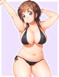 1girls amagami arms_up belly bikini black_bikini blush breasts brown_eyes brown_hair chubby chubby_female female_focus highres large_breasts medium_hair navel onsoku_inu plump sakurai_rihoko short_hair side-tie_bikini_bottom simple_background smile solo swimsuit wolf_cut