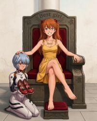 2girls ai_generated asuka_langley_sohryu bare_armpits bare_legs bare_shoulders barefoot bell best_girl blue_eyes blue_hair blushing clothed competition confident_female confident_smile crossed_legs distress dominant dominant_female domination enjoying feet female female_only femdom foot_fetish footstool happy happy_dom happy_girl holding_footwear holding_shoes humiliated humiliating humiliation humiliation_fetish kneeling legs_crossed lezdom lezsub long_hair loser loser_submits love_letter mary_janes medium_breasts mistress_and_slave mocking neon_genesis_evangelion obedience obedient obedient_sub on_floor on_knees open_smile orange_hair pampering patting_head red_eyes red_flats red_toenails rei_ayanami relaxed_expression relaxing sad_sub short_hair showing_feet sitting sitting_on_throne slave_girl smile smiling smiling_at_viewer sobbing submissive submissive_female sundress sweaty_footwear tears teenage_girl teeth throne throne_room toe_wiggle toes tsundere white_skin wiggling_toes winner worn_footwear worshiping yellow_dress yellow_sundress
