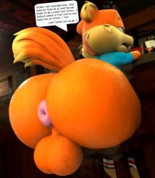 absurd_res alcohol anthro anus bar_stool beverage big_tail blender_(artwork) blue_clothing buckteeth butt clothing conker conker's_bad_fur_day dialogue digital_media_(artwork) doommusk drunk fur furniture hi_res male mammal musk musk_cloud musky_butt orange_body orange_fur puffy_anus rareware rodent sciurid solo stool substance_intoxication tail teeth tree_squirrel whiskey