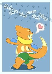 2022 3_fingers 3_toes anthro arm_fin black_markings black_nose blue_background buieb buizel bulge bulge_from_behind clothing cute_fangs dipstick_tail eyes_closed facial_markings fangs feet fin fingerless_gloves fingers forked_tail furgonomics generation_4_pokemon gloves green_clothing green_underwear handwear head_markings heart_symbol hi_res male markings music musical_note musical_symbol nintendo open_mouth orange_body outline pokemon pokemon_(species) signature simple_background solo speech_bubble standing symbol tail tail_markings tan_body teeth toes underwear unusual_anatomy unusual_tail white_outline