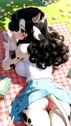 1girls ai_generated anthro anthro_female cow_ears cow_girl cow_horns female female_only furry furry_female panties picnic reading skirt yeswaifu