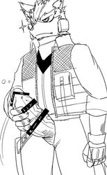 belt big_penis canine censored claws clothing fox fox_mccloud fur glans gloves hatake holding_penis holster jacket japanese japanese_text male male_only mammal monochrome nintendo pants penis pointy_ears shirt sketch snout solo star_fox text translation_request video_games zipper