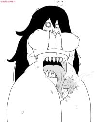 1girls black_and_white black_hair cock_between_legs cock_between_thighs fpe_oc fundamental_paper_education hoodie hoshi_(cathythewathy) licking_penis magalnik mouth_on_belly nipples nipples_visible_through_clothing oc self_upload sharp_teeth sweatdrop sweating tagme teeth white_background