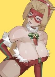 1girls areolae bare_shoulders bell big_breasts blonde_blazer blonde_hair blue_eyes breasts christmas cleavage dispatch_(game) elbow_gloves hand_on_hip huge_breasts kowalalaa large_breasts nipple_slip nipples red_leotard solo tagme yellow_background