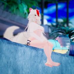 emi_kuruma vtuber virtual_youtuber 1girls wolf_girl 1female white_skin white_hair indie_virtual_youtuber see-through_clothing mostly_clothed barefoot looking_away sitting wide_hips medium_breasts large_tail poolside solo_female vrchat