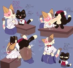 :3 abdominal_bulge balls belly big_breasts big_penis black_body blue_bottomwear blue_clothing blue_pants blush blush_lines blushing_profusely bodily_fluids bottomwear bow_tie breasts breath brown_spots brown_stripes butt clothed clothing cum cum_in_clothing cum_in_pants desk dialogue duo felid feline female furniture genital_fluids genitals gesture hand_gesture looking_at_genitalia looking_at_penis male male/female mammal markings motion_lines multiple_scenes navel nyapolitan_(snazzle_snapp) onomatopoeia open_mouth pants partially_clothed pattern_clothing pattern_topwear paws penis pink_speech_bubble pink_spots pink_stripes red_bow_tie red_clothing red_shirt red_topwear sez shirt shocked simple_background snazzle_snapp sound_effects speech_bubble spots spotted_body steamy_breath striped_clothing striped_markings striped_tail striped_topwear stripes sweat sweaty_butt sweaty_face table tail tail_markings text thumbs_up topwear tremble_spikes waffle_cone white_balls white_body white_eyes white_penis