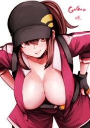 1girl areola_slip areolae artist_name baseball_cap belt breasts brown_eyes brown_hair choker cleavage dated downblouse female female_protagonist_(pokemon_go) fingerless_gloves gloves hand_on_hip hanging_breasts hat large_breasts leaning_forward leggings lips long_hair looking_at_viewer no_bra open_clothes open_shirt pokemon pokemon_go ponytail shirt shorts simple_background smile solo souryu text tied_hair white_background