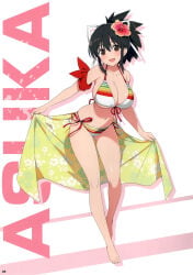 1girls absurdres arm_scarf armband asuka_(senran_kagura) bandana bandana_around_arm barefoot bikini breasts brown_eyes character_name cleavage floral_print_sarong flower front-tie_bikini_top front-tie_top green_sarong groin hair_flower hair_ornament hair_ribbon hibiscus highres huge_breasts leaning_forward long_hair looking_at_viewer magazine_scan multicolored_stripes navel non-web_source official_art open_mouth page_number ponytail rainbow_bikini red_armband red_bandana red_flower red_scarf ribbon sarong scan scarf senran_kagura senran_kagura_new_link short_ponytail side-tie_bikini_bottom skindentation smile solo striped_bikini striped_clothes swimsuit teeth unworn_sarong upper_teeth_only white_ribbon yaegashi_nan