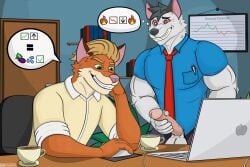 3:2 absurd_res accessory anthro balls beverage black_hair blonde_hair blue_clothing blue_shirt blue_topwear bodily_fluids book bottomwear canid canine canis chair clothed clothing coffee coffee_cup computer computer_mouse container cup desk digital_media_(artwork) door duo edging eggplant_emoji electronics emoji english_text erection fangs forced forced_masturbation fox fur furniture genital_fluids genitals green_eyes grey_body grey_bottomwear grey_clothing grey_fur grey_pants hair hand_on_face hand_on_object hand_on_penis hi_res humanoid_genitalia humanoid_penis hypnosis kotarocat_(artist) laptop leaking_precum looking_at_object male male_anthro male_only mammal masturbation mind_control necktie office_chair on_chair orange_body orange_fur pants pen penis pictographics plant precum red_necktie restraints ringed_eyes shelf shirt short_hair sitting sitting_on_chair smile smirk speech_bubble standing stocks story story_in_description table teeth text thought_bubble topwear wolf wood wood_desk wood_door wood_furniture worried_face yellow_clothing yellow_shirt yellow_topwear