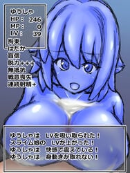 1boy female femdom level_drain looking_at_viewer monster_girl niryuutkys paizuri slime slime_girl text translation_request