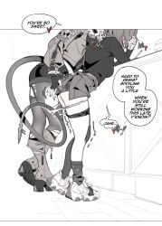 2girls belle_(zenless_zone_zero) black_and_white blush clothed clothing dialogue english_text female female_focus female_only fingering jane_doe_(zenless_zone_zero) lesbian maiqo panties panties_down pussy_juice short_hair side_view teasing text text_bubble yuri zenless_zone_zero
