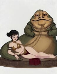 1boy 1girls anthro black_hair blushypixy breasts brown_eyes chain_leash chains cleavage collar collar_and_leash collared confident cosplay crossover crossover_cosplay dancer_outfit dancing_girl female jabba_the_hutt kpop kpop_demon_hunters kpop_girl leash makeup male relaxed_expression slave_bikini slave_collar slave_girl slave_leia_(cosplay) slave_outfit slavegirl slavery smile source_request star_wars straight zoey_(kpop_demon_hunters)