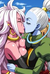 2girls ai_generated android_21 dragon_ball_super female female_only hugging kissing lesbian_kiss squeezing_breast vados