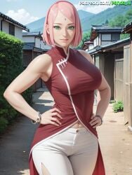 1girls ai_generated alternate_breast_size boruto:_naruto_next_generations breasts female green_eyes hand_on_hip highres huge_breasts large_breasts light-skinned_female light_skin mature_female milf mother naruto naruto_(series) panda-ai panda_ai pink_hair sakura_haruno short_hair smile stable_diffusion thick_thighs wide_hips