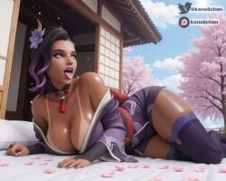 1girl 3d 3d_(artwork) 5:4 activision ai_assisted ai_generated asian_clothing bare_shoulders big_breasts blizzard_entertainment boobs_close-up breasts_focus cosplay crossover crossover_cosplay dark-skinned_female female female_only futon genshin_impact girl_focus girl_only hair_ornament hi_res highres hoyoverse japanese_clothes kanaiichan kimono latina legs_together lying_on_side mihoyo narrow_waist neckline no_bra oil_on_breasts oiled oiled_body oiled_breasts oiled_skin olivia_colomar open_mouth outdoors outside overwatch overwatch_2 patreon patreon_username posing purple_eyes purple_hair purple_kimono purple_lipstick purple_nails purple_stockings raiden_shogun raiden_shogun_(cosplay) seducing seductive_pose sexy_pose shiny_skin short_kimono smooth_skin solo sombra stockings tan_lines tanline thick_thighs tight_stockings tongue tongue_out twitter_username two-tone_hair uncensored wavy_hair wide_hips yukata