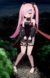 1girl :o absurdres azur_lane bandaid bandaid_on_knee bandaid_on_leg bare_legs bare_shoulders barefoot black_dress black_jacket black_ribbon bound bound_ankles bound_wrists breasts caschwert cat_hair_ornament clothes_pull commentary_request cross cuffs dress eyepatch frown full_body hair_ornament hair_ribbon hairclip handcuffs heart heart_o-ring heart_print highres holding holding_leash iron_cross jacket jacket_pull knees_together_feet_apart leash long_hair multicolored_hair multiple_thigh_straps night o-ring o-ring_thigh_strap object_insertion open_clothes open_jacket outdoors pink_hair pussy_juice pussy_juice_puddle pussy_juice_trail remote_control_vibrator ribbon sex_toy shackles short_dress sky sleeveless sleeveless_dress small_breasts solo star_(sky) starry_sky stepping_on_lego streaked_hair striped_clothes striped_dress tears thigh_strap thighs twintails two-tone_hair vaginal vaginal_object_insertion vertical-striped_clothes vertical-striped_dress very_long_hair vibrator vibrator_in_thigh_strap viewer_holding_leash white_hair x_hair_ornament z47_(azur_lane)