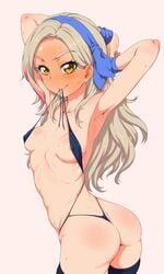 aikatsu! areola_slip areolae armpits arms_behind_head arms_up ass bikini black_bikini black_legwear blonde_hair blush breasts brown_eyes clearite cowboy_shot erect_nipples female from_side full-face_blush hairband kurosawa_rin_(aikatsu!) long_hair looking_at_viewer looking_back micro_bikini mouth_hold multicolored_hair nipple_slip nipples o-ring_bikini o-ring_bottom orange_eyes pink_hair silver_hair sling_bikini small_breasts solo streaked_hair string_bikini sweat swimsuit tears thighhighs thong thong_bikini two_tone_hair untied untied_bikini white_background