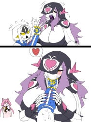 black_sclera blush blushing cat_ears catgirl cream_(jjba) diamond_is_unbreakable eating_hand eating_paper female female_only heart jojo's_bizarre_adventure killer_queen mannungei pink_hair pink_sclera purple_hair rule_63 saliva stardust_crusaders sucking sucking_fingers sucking_hand sweat the_hand_(jjba) white_eyes white_hair yellow_eyes yuri