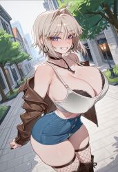 medium_hair gigantic_breasts big_breasts mole mole_on_breast blue_eyes blush lipstick lips ahoge blonde_hair light_brown_hair earrings hoop_earrings choker black_choker key necklace key_pendant gigantic breasts_bigger_than_head cleavage white_shirt topwear navel midriff nipple_bulge bra black_bra visible_bra_through_clothes leather_jacket jacket skirt blue_skirt denim_skirt denim fishnets fishnet_legwear fishnet fishnet_thighhighs boots high_heel_boots high_heels high_resolution highres ai_assisted straps nails nails_painted black_nails white_skin pale_skin
