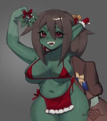 1girls 2025 artist_logo artist_name bags_under_eyes brown_hair christmas christmas_outfit coil_(sm0lsuccubus) cowboy_shot fangs female female_focus female_only goblin goblin_female green_body green_skin mistletoe shortstack side-tie_bottom sideboob skimpy sm0lsuccubus solo solo_female solo_focus underboob