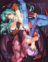 2girls arm_covers big_breasts black_leotard blue_lights capcom darkstalkers demon demon_girl detached_sleeves female female_focus female_only flat_chest flat_chested fully_clothed green_eyes green_hair high_leg_leotard lavender_hair leotard lilith_aensland long_hair morrigan_aensland pink_tights purple_hair red_eyes red_leotard short_hair sirknightbot small_breasts smile strapless_leotard succubus tights vampire_(game) vampire_savior wings wings_on_head