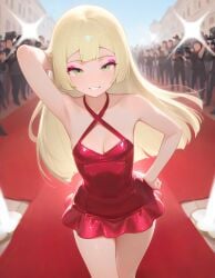 ai_generated bare_legs beautiful_girl blonde_female flat_chest green_eyes heavenly_body lillie_(pokemon) long_hair petite_female pretty_girl red_carpet sexy short_dress slim_girl slim_waist slutty_dress slutty_female temptation tempting_viewer