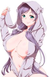 1girls animal_hood aqua_eyes areola_slip areolae blush breasts bunny_hood clearite erect_nipples female hair_over_shoulder hair_ribbon hood hoodie large_breasts long_hair looking_at_viewer love_live! love_live!_school_idol_project naked_hoodie navel no_bra purple_hair sitting smile solo tied_hair toujou_nozomi twintails very_long_hair white_background