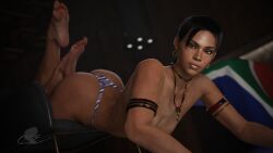 1female 1girls 3d african african_female ass barefoot big_ass big_butt cse_nsfw dark-skinned_female earrings ebony ebony_female feet feet_up female female_only fit fit_female pinup ponytail realistic resident_evil resident_evil_5 sheva_alomar soles soles_female solo solo_female solo_focus thick_ass thick_legs thong thong_only