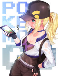 baseball_cap blue_eyes blush breasts cellphone choker cleavage erokosei female female_protagonist_(pokemon_go) fingerless_gloves gloves hand_on_hip hat large_breasts long_hair open_mouth phone pokemon pokemon_go ponytail see-through smartphone solo sweat text tied_hair translated wet wet_clothes