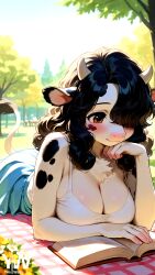 1girls ai_generated anthro brown_eyes cow_girl female female_only furry furry_female horns picnic reading tail yeswaifu