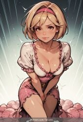 1girl breasts solo cleavage blonde_hair hairband short_sleeves looking_at_viewer short_hair puffy_short_sleeves puffy_sleeves pink_hairband brown_eyes collarbone patreon_username blush sweat dress medium_breasts between_legs pink_dress hand_between_legs lips thighs frills closed_mouth gradient_background trembling large_breasts pink_bow djeeta_(granblue_fantasy) granblue_fantasy lunaink ai_generated