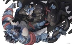 abs animate_inanimate anthro barazoku black_sclera bodily_fluids chest_tuft claws clothing corruption cum cum_in_mouth cum_inside cum_on_body curling_tail duo ejaculation erection feet felid genital_fluids hair hi_res latex latex_clothing latex_skinsuit liquid_latex living_clothing looking_at_another looking_at_partner looking_pleasured male male/male mammal muscular muscular_arms muscular_legs muscular_male nipples pantherine pec_grab pecs pubes restrained_by_tentacle restraints skinsuit smile stripes tail tentacles tentacles_under_clothing tiger tight_clothing tongue tongue_out tuft twinning uriex