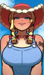 1girls akairiot animated arm_tattoo blonde_hair blue_eyes bouncing braid breasts commentary cowboy_hat cowgirl_position english_commentary female hat implied_sex kitt_(pokemon) large_breasts long_hair looking_at_viewer no_sound open_mouth out-of-frame_censoring pokemon pokemon_champions pov red_hat rucola_(pokemon) smile straight tagme tattoo twin_braids video