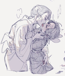 2girls anal_fingering belt butterfly_hair_ornament closed_eyes commentary_request cropped_legs demon_slayer_uniform fingering fingering_through_clothes french_kiss from_side greyscale hair_ornament height_difference highres japanese_clothes kimetsu_no_yaiba kimono kiss kochou_shinobu koyomania long_sleeves monochrome multiple_girls parted_bangs short_hair simple_background tamayo_(kimetsu_no_yaiba) through_clothes tongue tongue_out trembling twitter_username updo veiny_face white_background wide_sleeves yuri