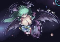 morrigan_aensland lilith_aensland huge_breasts thick_thighs gamesquid demon demon_girl darkstalkers 2girls giantess giantess_growth cleavage breast_rest resting_breasts planet planetary_macro earth bigger_than_earth between_breasts wings breast_expansion thigh_expansion green_hair green_eyes moon_between_breasts vampire vampire_girl