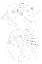 2026 avian blush blush_stickers bodily_fluids cuddling daww dialogue duo english_description english_text european_mythology feral feral_on_feral flustered fraid_(species) genitals greek_mythology harpy hi_res jejejunum larger_feral larger_male looking_at_another male male/male male_feral mythological_avian mythological_creature mythology nethermare on_another one_eye_closed penis pink_penis simple_background size_difference smaller_feral smaller_male speech_bubble spot_color sweat talking_to_another text threatening white_background