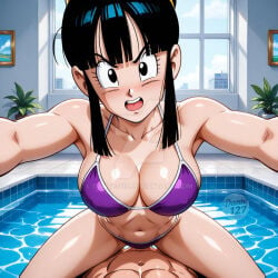 1boy ai_generated angry_sex big_breasts bikini chichi dante_127 dragon_ball_z looking_at_viewer open_mouth penetration pool pov