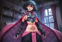 1girls ai_generated alastrine_(paigen) armor armored_female black_hair black_lips breastplate breasts cape chains choker cloak cloth clothed clothes clothing collar cultist elbow_gloves female fingerless_gloves freckles gloves glowing_eyes glowing_tattoo horror horror_(theme) medium_breasts medium_hair original original_character paigen pants pubic_tattoo quilt red_sclera runes shoulder_armor tattoo tattoo_on_arm tattoo_on_belly white_eyes