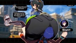 2girls 3d ass ass_focus belle_(zenless_zone_zero) big_ass big_butt black_hair blue_hair cinox-0 dialogue english_text facesitting female_only forced_facesitting huge_ass koikatsu large_ass massive_ass multicolored_hair pinned_down police policewoman ponytail short_hair sitting_on_face sitting_on_person text thick_thighs thighs tight_clothing wide_hips yuri zenless_zone_zero zhu_yuan